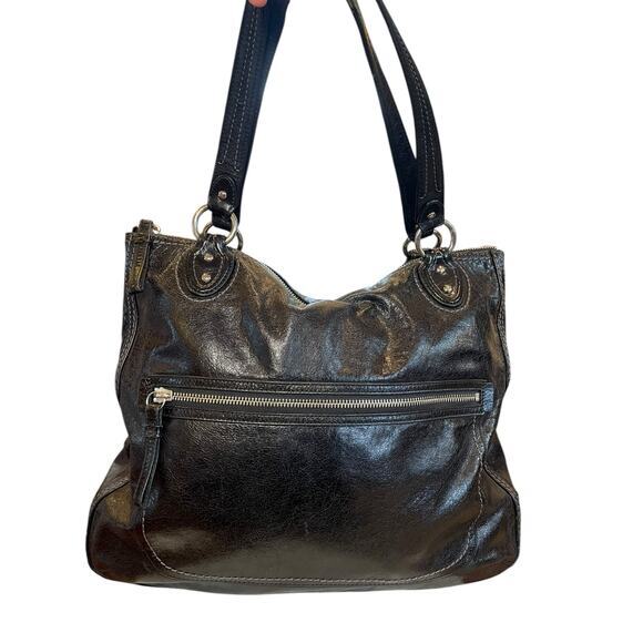 Coach Handbags - Coach Camelia Black Distressed Leather Shoulder Bag, Silver Hardware Teal Lining